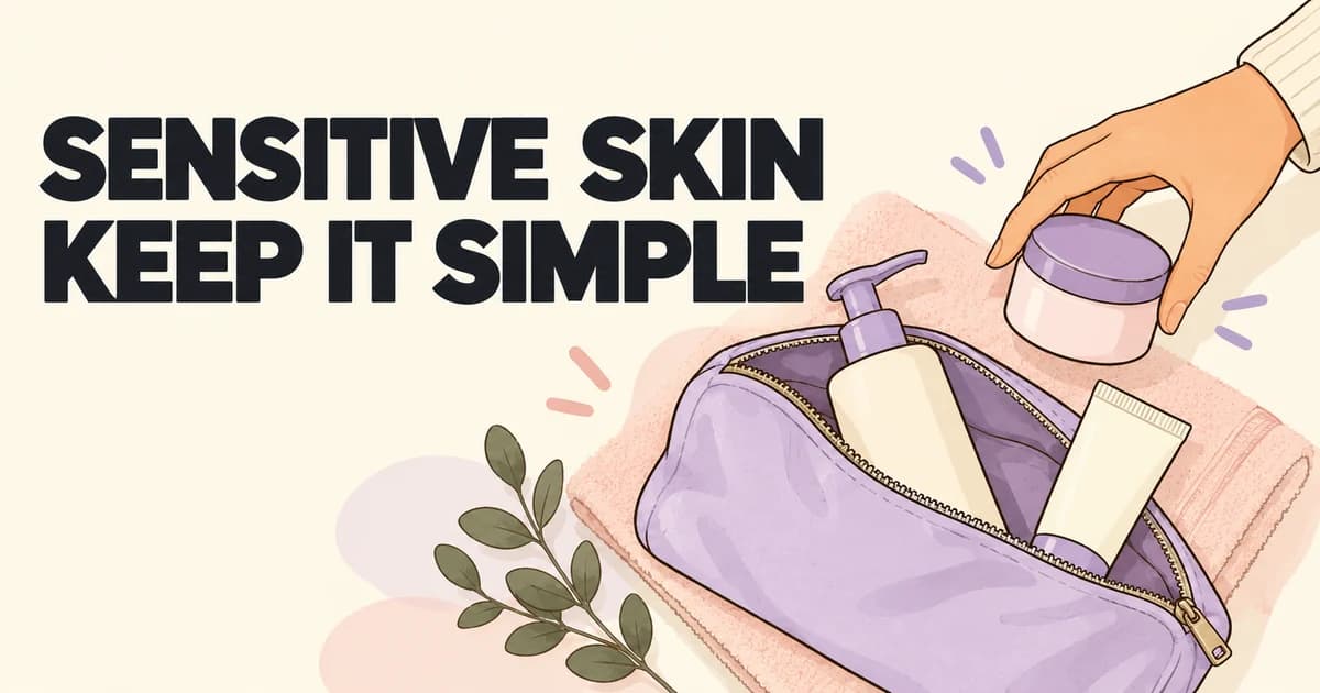 Sensitive Skin Keep It Simple illustration showing a lavender skincare pouch, cleanser, moisturizer, and sunscreen on a soft towel