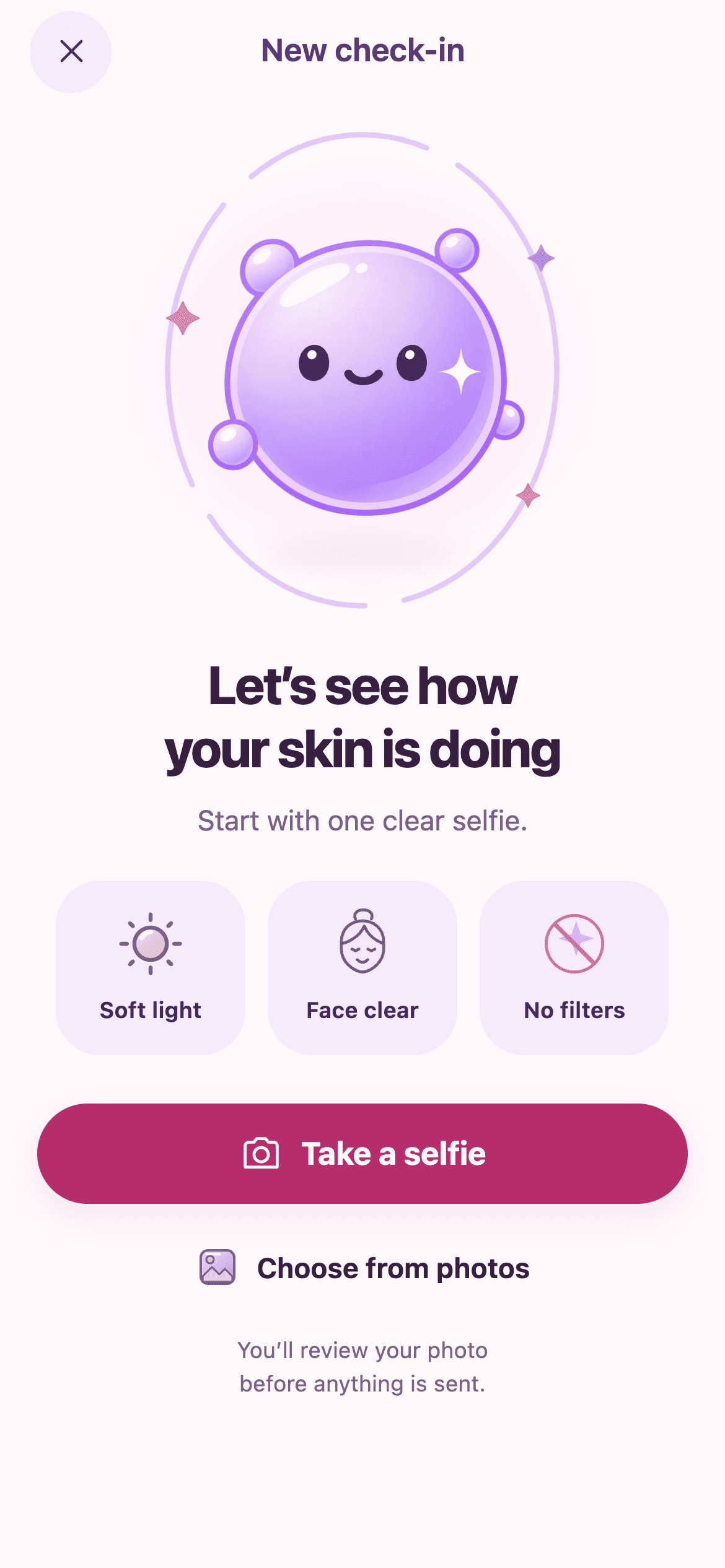 Skinreo selfie preparation screen with soft light, face clear and no filters guidance